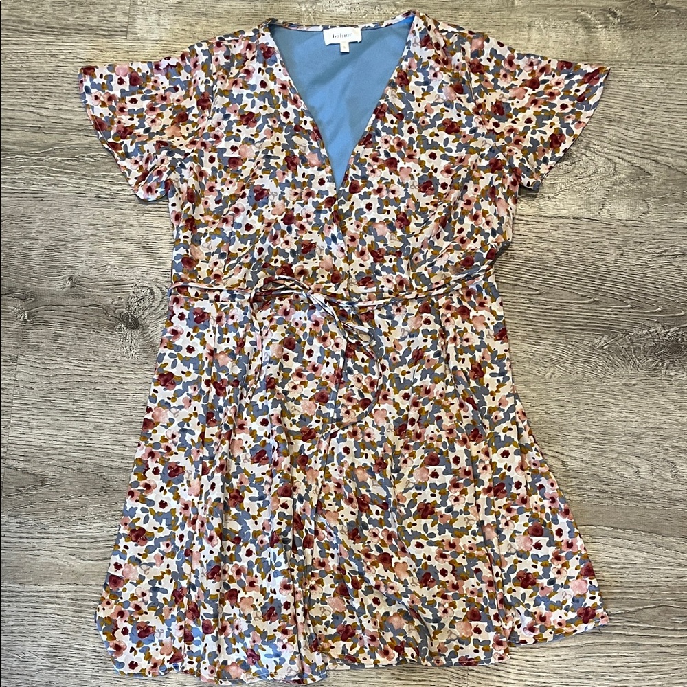 bohme Floral Wrap Around Midi Dress in Beige, Blue, Rust, Pink Size S